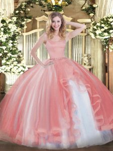 Straps Sleeveless Quinceanera Gowns Floor Length Beading Coral Red Tulle
