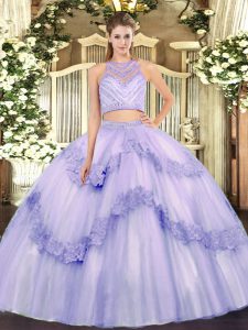 Glittering Lavender Zipper Scoop Beading and Appliques Quinceanera Dress Tulle Sleeveless