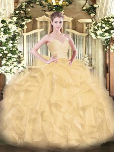Beading and Ruffles Quinceanera Gowns Gold Lace Up Sleeveless Floor Length