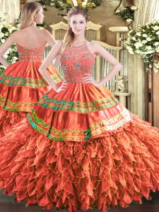 Traditional Tulle Halter Top Sleeveless Zipper Beading and Ruffles and Sequins 15 Quinceanera Dress in Rust Red