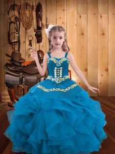 Discount Blue Organza Lace Up Little Girls Pageant Dress Wholesale Sleeveless Floor Length Embroidery and Ruffles