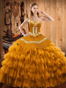 Dazzling Gold Satin and Organza Lace Up Vestidos de Quinceanera Sleeveless Floor Length Embroidery and Ruffled Layers