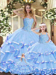 Customized Floor Length Lavender Quince Ball Gowns Organza Sleeveless Beading and Ruffled Layers