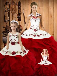 Floor Length Lace Up Quinceanera Gowns Wine Red for Military Ball and Sweet 16 and Quinceanera with Embroidery and Ruffles