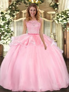 Popular Pink Quinceanera Dress Military Ball and Sweet 16 and Quinceanera with Lace Scoop Sleeveless Clasp Handle