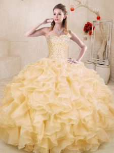 Deluxe Sweetheart Sleeveless Organza Quinceanera Gowns Beading and Ruffles Lace Up
