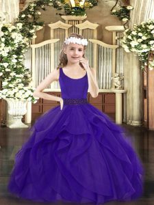 Scoop Sleeveless Pageant Dress Floor Length Beading and Ruffles Purple Tulle