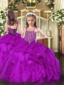 Super Floor Length Lace Up Pageant Gowns Fuchsia for Party and Quinceanera with Beading and Ruffles