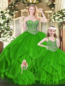 Dazzling Green Sleeveless Floor Length Beading and Ruffles Zipper Sweet 16 Quinceanera Dress