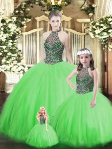 Elegant Green Tulle Lace Up Halter Top Sleeveless Floor Length Sweet 16 Dress Beading