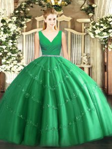 Perfect Green Two Pieces Tulle V-neck Sleeveless Beading Floor Length Zipper Quinceanera Dress