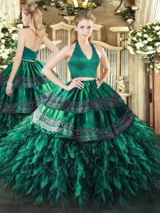 Organza Halter Top Sleeveless Zipper Appliques and Ruffles Ball Gown Prom Dress in Dark Green