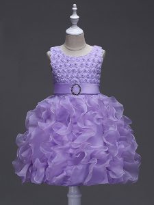 Customized Lavender Organza Lace Up Scoop Sleeveless Knee Length Girls Pageant Dresses Ruffles and Belt