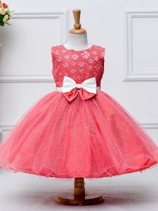 Inexpensive Coral Red Tulle Zipper Pageant Dress for Teens Sleeveless Knee Length Lace and Bowknot