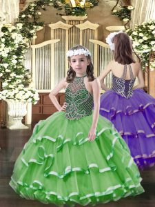 Sleeveless Floor Length Beading and Ruffled Layers Lace Up Girls Pageant Dresses with Green