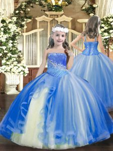 Best Baby Blue Ball Gowns Beading Girls Pageant Dresses Lace Up Tulle Sleeveless Floor Length