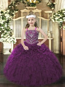 Purple Organza Lace Up Straps Sleeveless Floor Length Custom Made Pageant Dress Beading and Ruffles