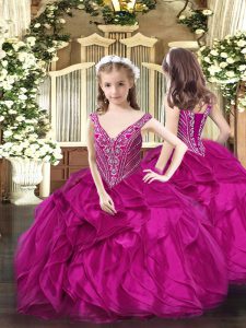 Ball Gowns Pageant Dress Wholesale Fuchsia V-neck Organza Sleeveless Floor Length Lace Up