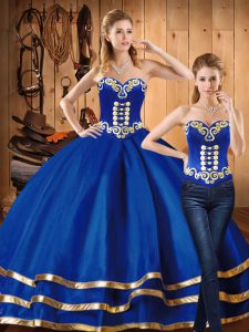 Floor Length Lace Up Ball Gown Prom Dress Blue for Military Ball and Sweet 16 and Quinceanera with Embroidery
