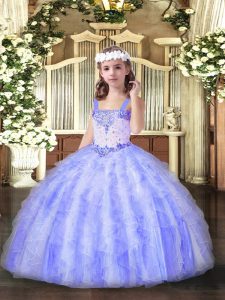 High Quality Floor Length Lavender High School Pageant Dress Organza Sleeveless Beading and Ruffles