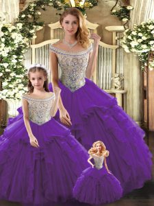 New Arrival Purple Ball Gowns Beading and Ruffles Quinceanera Dress Lace Up Tulle Sleeveless Floor Length