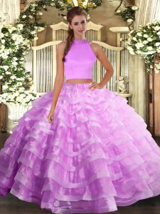 Beading and Ruffled Layers Quinceanera Gowns Lilac Backless Sleeveless Floor Length
