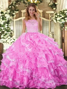 Colorful Ball Gowns 15th Birthday Dress Rose Pink Scoop Organza Sleeveless Floor Length Clasp Handle