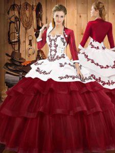 Sweet Burgundy Ball Gowns Lace Strapless Sleeveless Embroidery and Ruffled Layers Lace Up Sweet 16 Dress Sweep Train