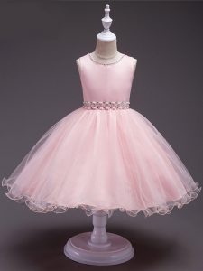 Baby Pink Zipper Glitz Pageant Dress Beading Sleeveless Knee Length