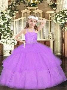 Floor Length Lavender Little Girl Pageant Gowns Straps Sleeveless Zipper