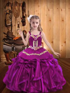 Top Selling Organza Straps Sleeveless Lace Up Embroidery and Ruffles Evening Gowns in Fuchsia