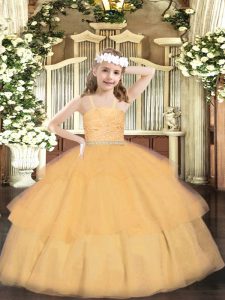 Floor Length Zipper Girls Pageant Dresses Orange for Party and Quinceanera with Beading and Lace and Ruffled Layers