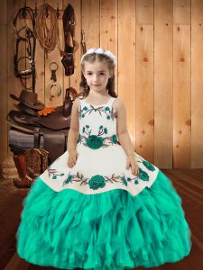 Aqua Blue Girls Pageant Dresses Sweet 16 and Quinceanera with Embroidery and Ruffles Straps Sleeveless Lace Up