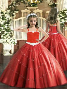 Beautiful Floor Length Red Little Girls Pageant Dress Wholesale Straps Sleeveless Lace Up
