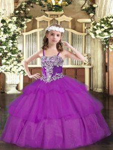 On Sale Fuchsia Ball Gowns Straps Sleeveless Organza Floor Length Lace Up Appliques and Ruffled Layers Pageant Gowns For Girls