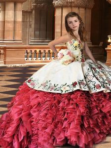 High Class White And Red Child Pageant Dress Strapless Sleeveless Brush Train Lace Up