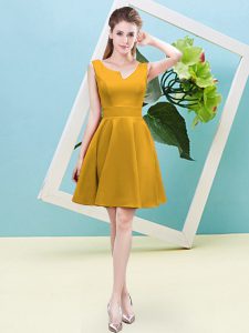 Trendy Sleeveless Mini Length Ruching Zipper Quinceanera Dama Dress with Gold