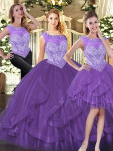New Arrival Beading and Ruffles 15 Quinceanera Dress Purple Zipper Sleeveless Floor Length