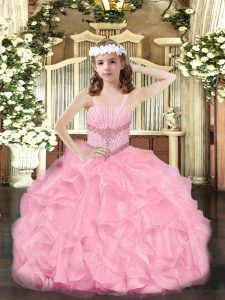 Floor Length Rose Pink Pageant Dress Womens Organza Sleeveless Beading and Ruffles