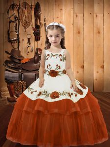 Gorgeous Rust Red Organza Lace Up Straps Sleeveless Floor Length Child Pageant Dress Embroidery and Ruffled Layers