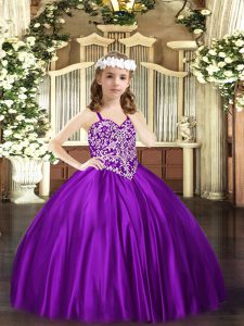 Purple Sleeveless Satin Lace Up Child Pageant Dress for Party and Quinceanera