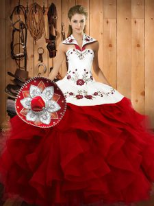Wine Red Ball Gowns Embroidery and Ruffles Sweet 16 Quinceanera Dress Lace Up Satin and Organza Sleeveless Floor Length