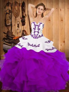 Purple Strapless Lace Up Embroidery and Ruffles Quinceanera Gown Sleeveless