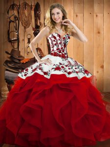 Wine Red Sleeveless Satin and Organza Lace Up Ball Gown Prom Dress for Military Ball and Sweet 16 and Quinceanera
