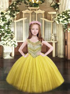 Gold Ball Gowns Beading Pageant Dress Toddler Lace Up Tulle Sleeveless Floor Length
