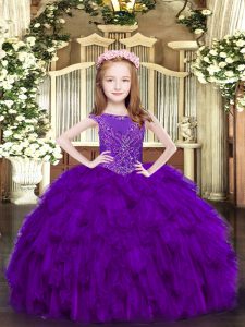 Purple Organza Zipper Pageant Dress Womens Sleeveless Floor Length Beading and Ruffles