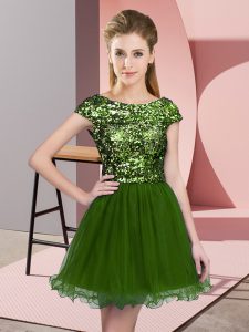Customized Olive Green Cap Sleeves Mini Length Sequins Zipper Quinceanera Dama Dress