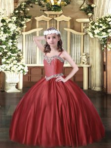 Beauteous Floor Length Wine Red Kids Pageant Dress Satin Sleeveless Beading