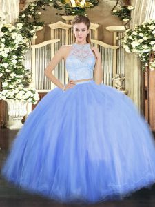 Nice Floor Length Zipper Sweet 16 Dress Blue for Military Ball and Sweet 16 and Quinceanera with Lace