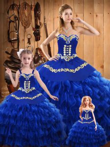 Stunning Blue Sleeveless Floor Length Embroidery and Ruffled Layers Lace Up Quinceanera Dress